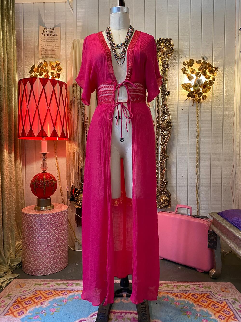 vintage magenta open front boho duster dress, crochet lace, bell sleeves, cover